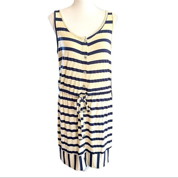 Maison Jules Creme/Navy Stripe Jersey Dress Sz M - Picture 1 of 13